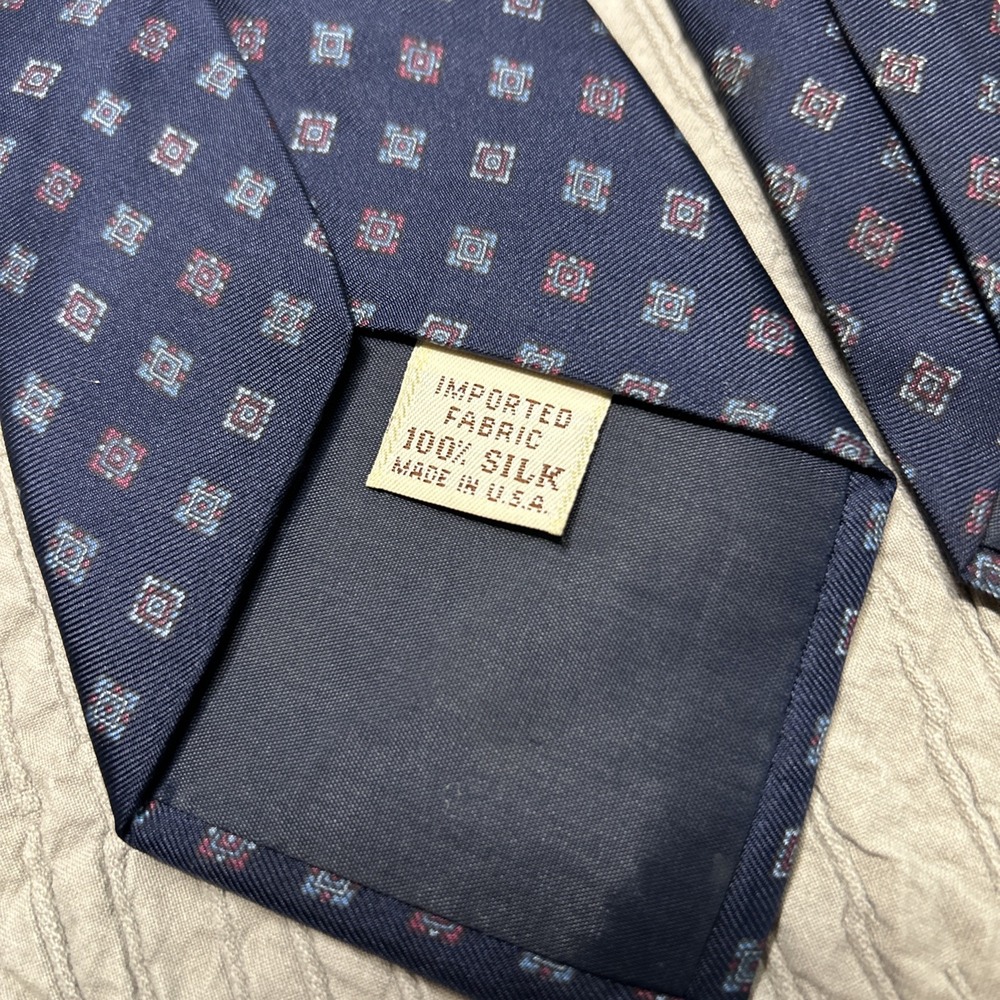 Vintage Yves Saint Laurent Tie Navy Blue Red Square Diamonds 100% Silk USA Made